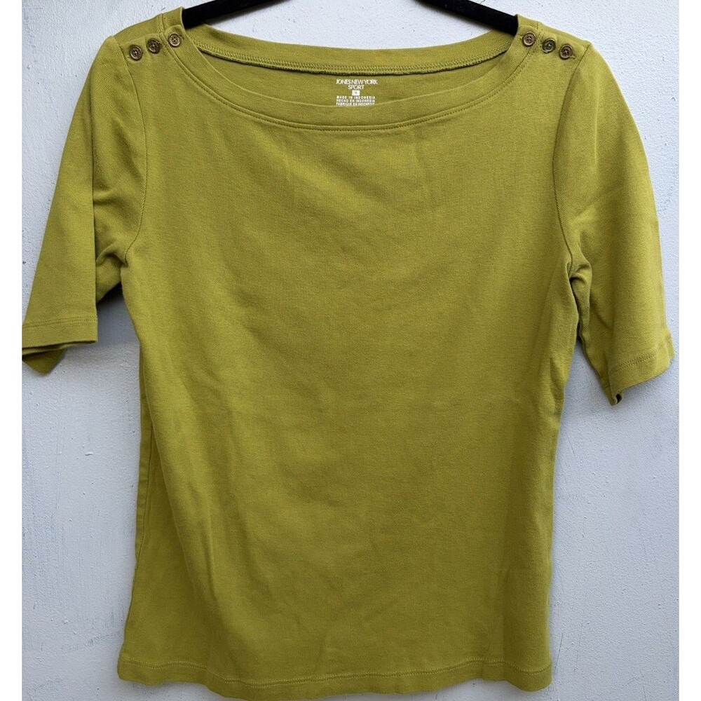 Jones New York Sport Top Women Size S Olive Boat Neck Knit Button coastal